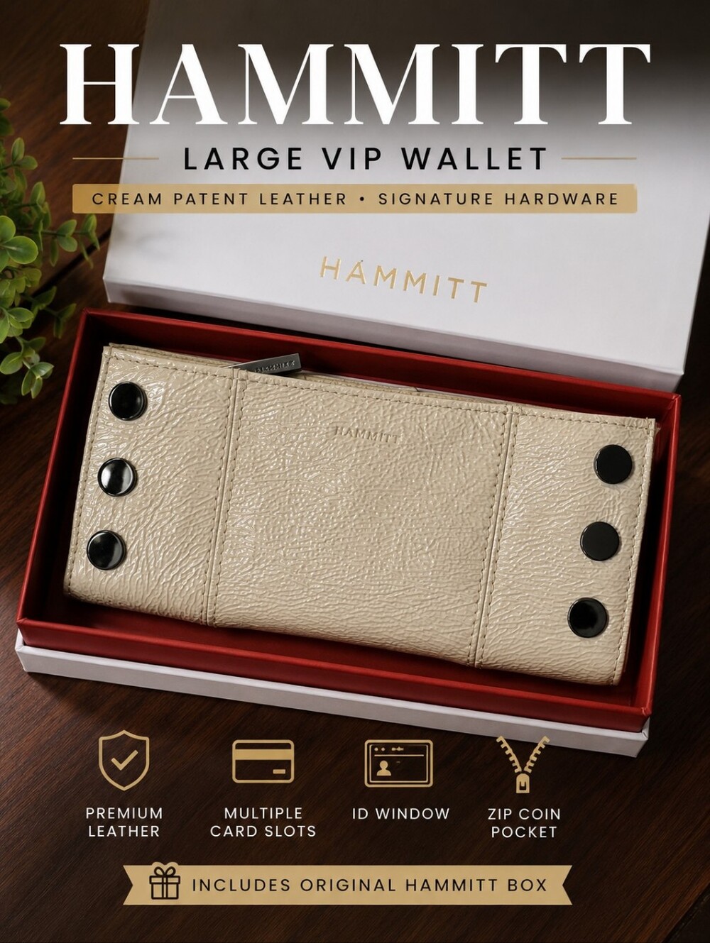 Hammitt Large VIP Wallet in Cream Patent Leather